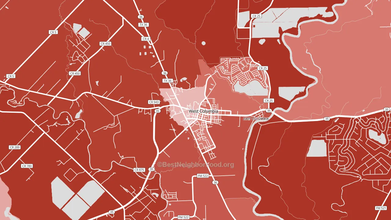 West Columbia, TX block-group political-lean map