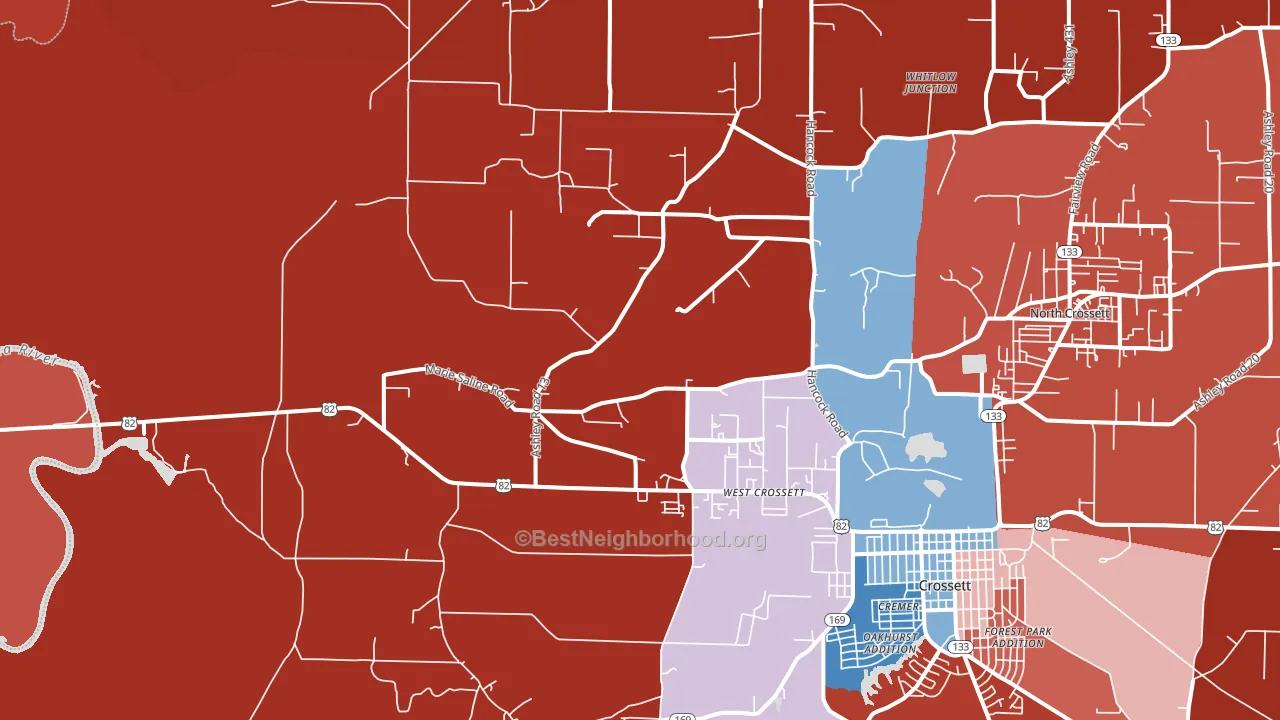 West Crossett, AR block-group political-lean map