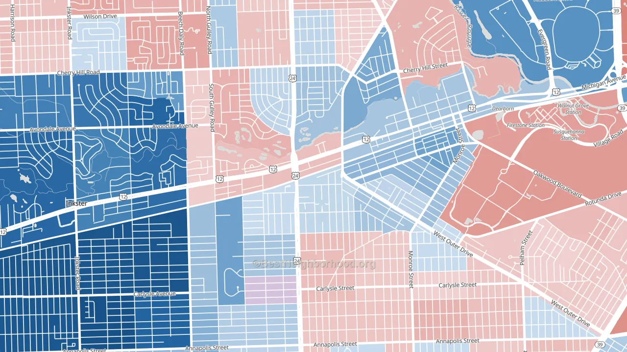 West Downtown Dearborn, Dearborn, MI block-group political-lean map