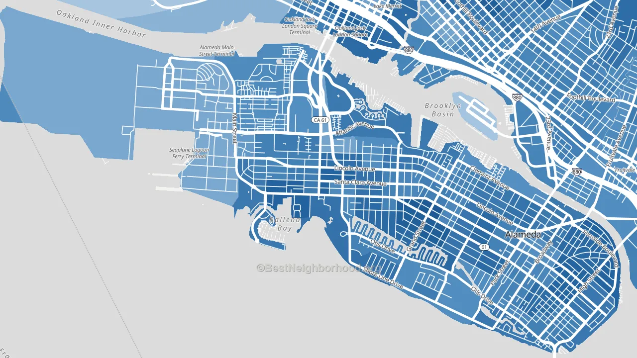West End, Alameda, CA block-group political-lean map