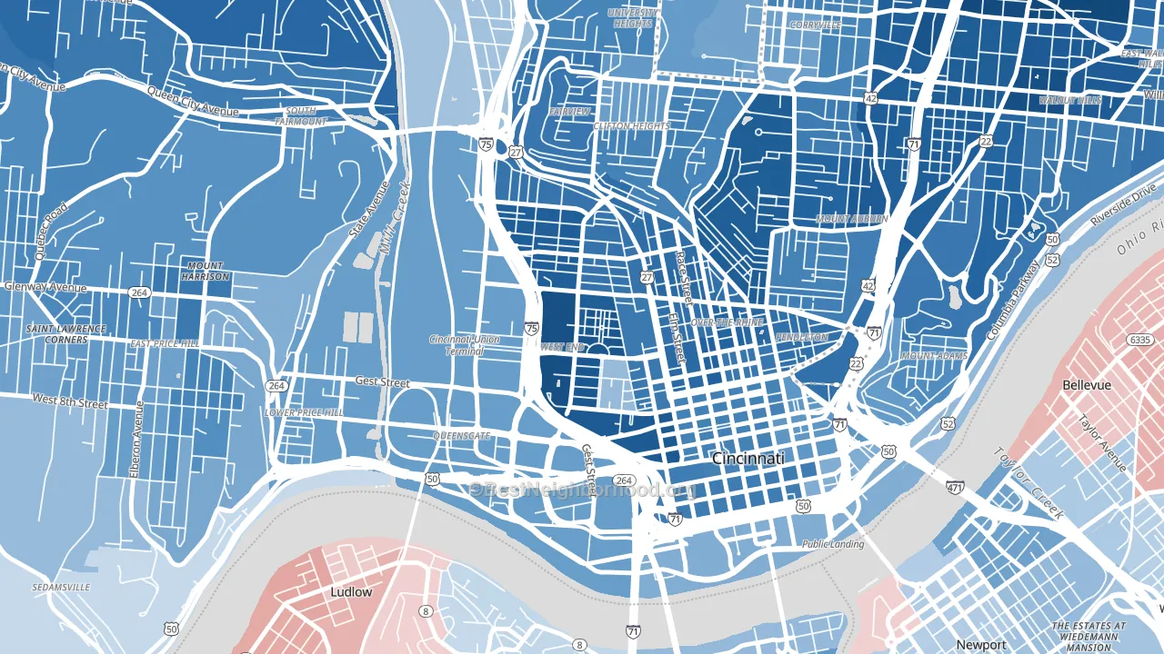 West End, Cincinnati, OH block-group political-lean map