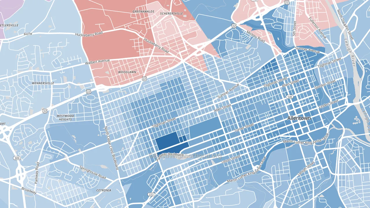 West End Theatre District, Allentown, PA block-group political-lean map