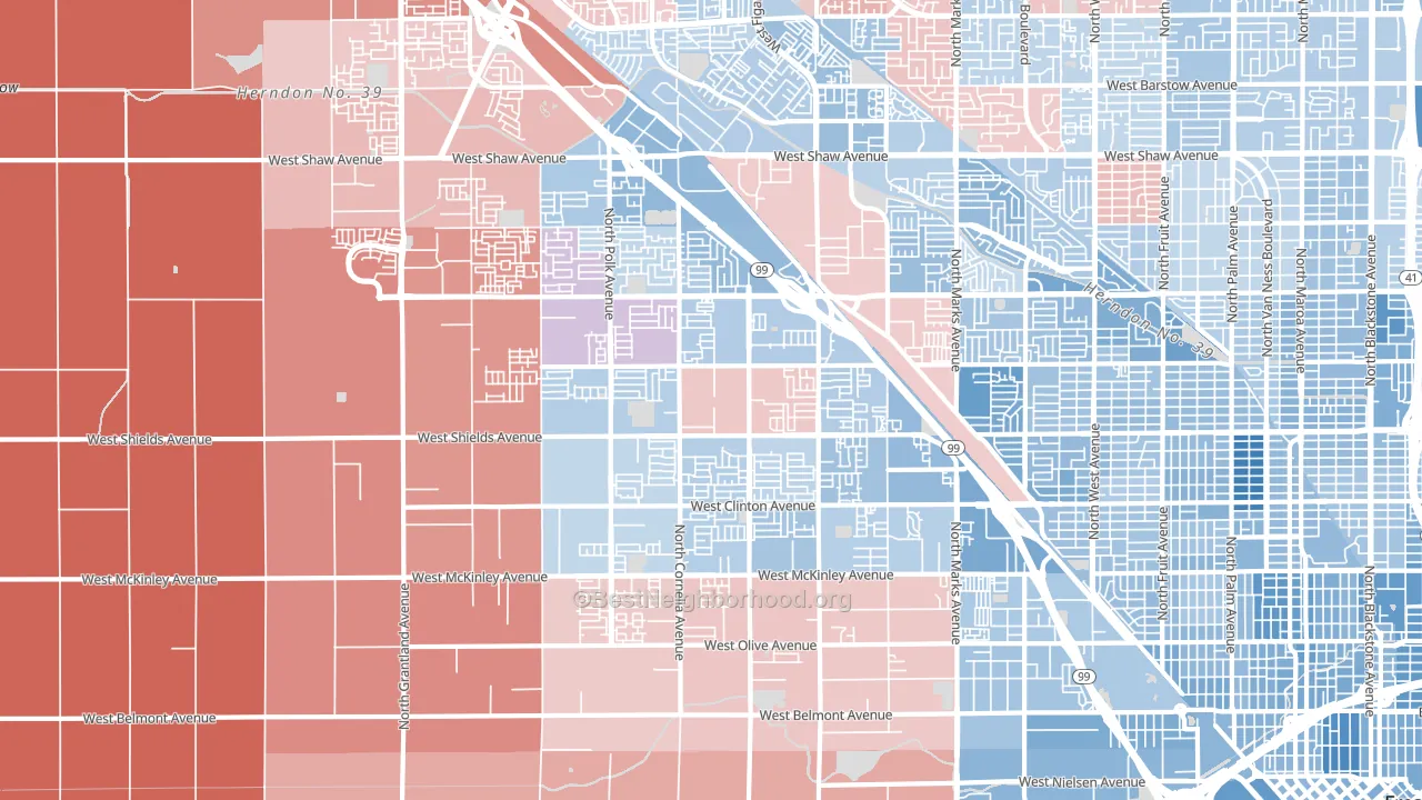 West, Fresno, CA block-group political-lean map