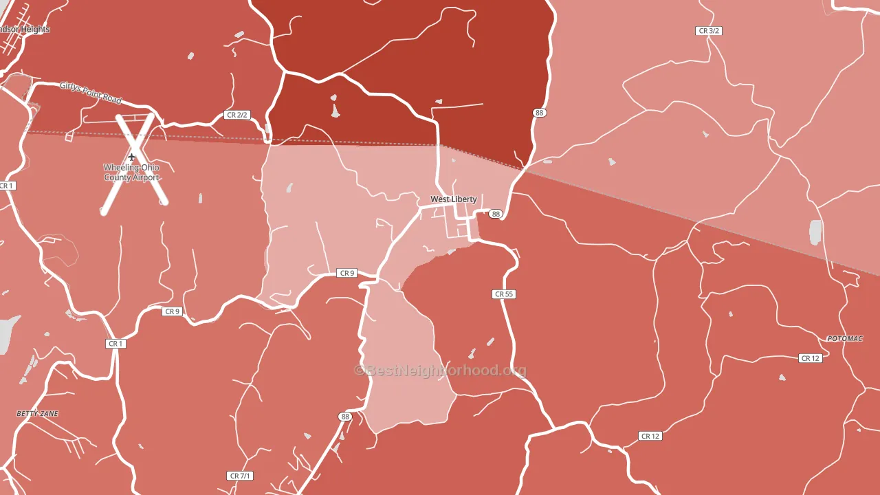West Liberty, WV block-group political-lean map