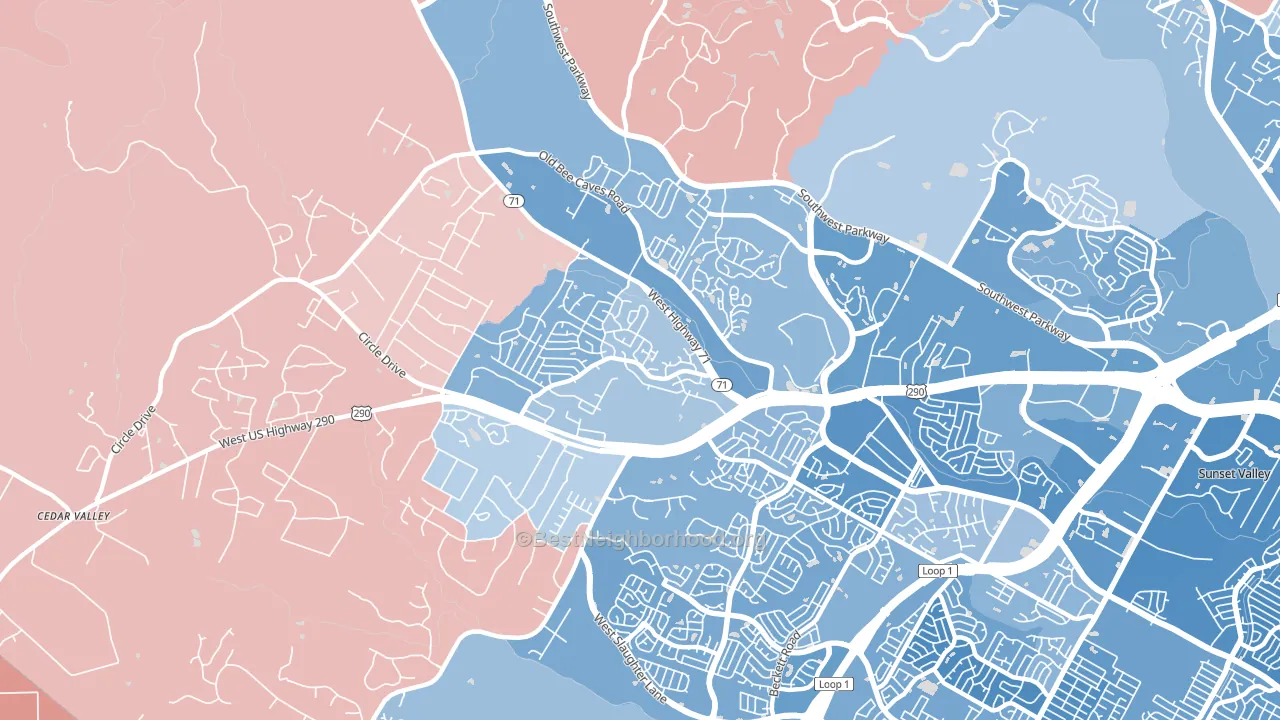 West Oak Hill, Austin, TX block-group political-lean map