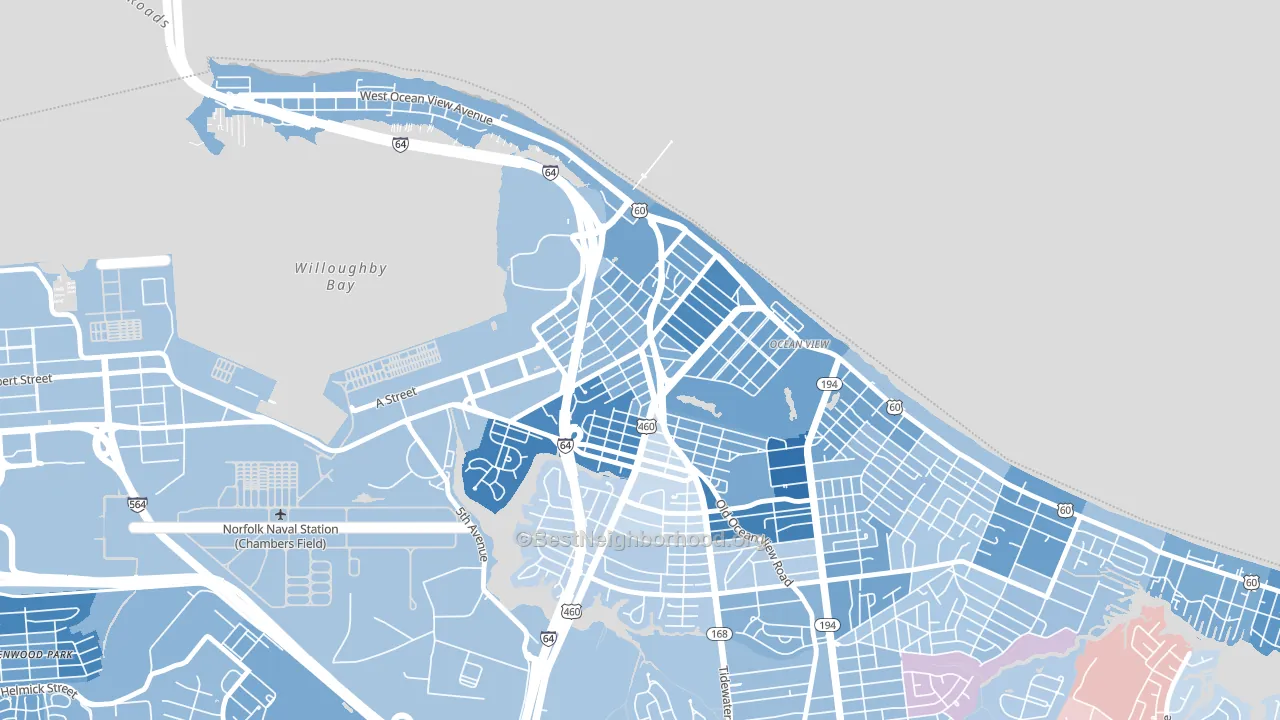 West Ocean View, Norfolk, VA block-group political-lean map