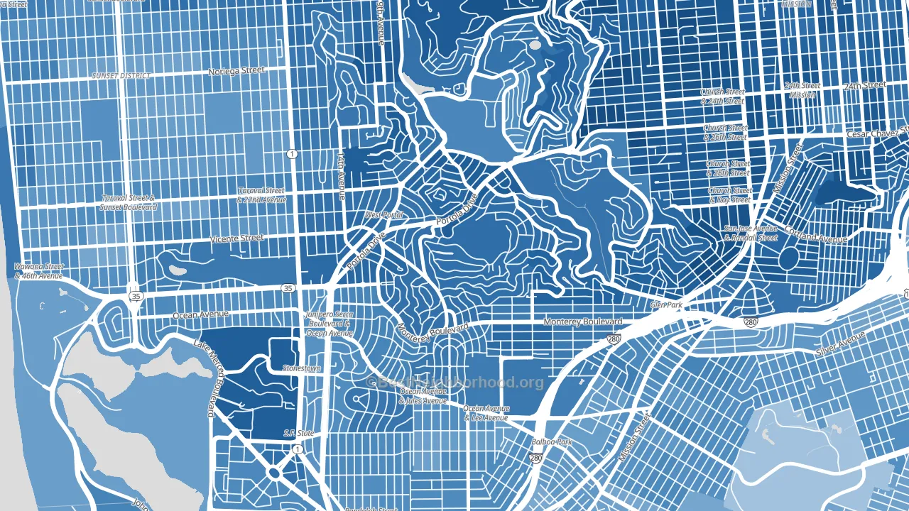 West of Twin Peaks, San Francisco, CA block-group political-lean map