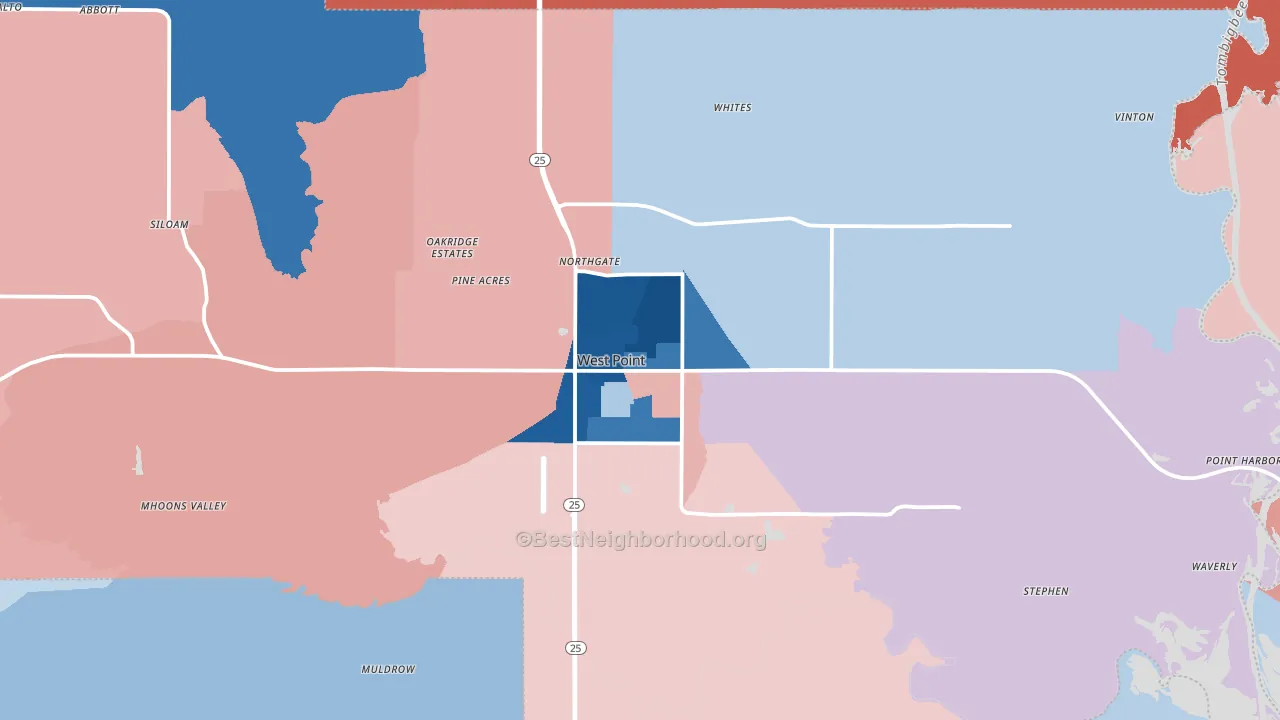 West Point, MS block-group political-lean map