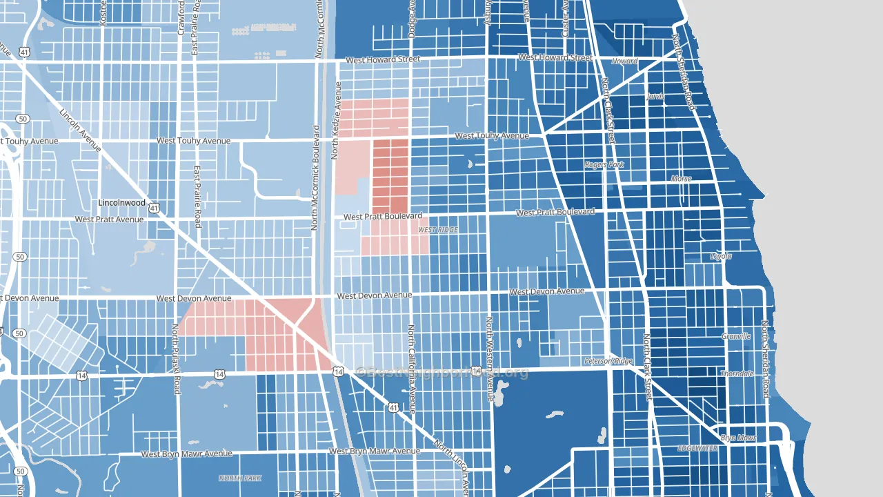 West Ridge, Chicago, IL block-group political-lean map