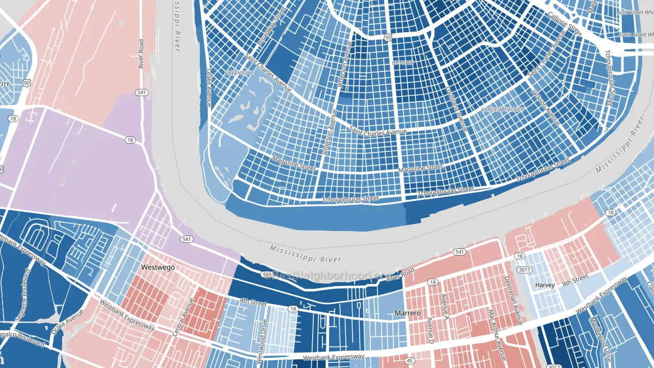 West Riverside, New Orleans, LA block-group political-lean map