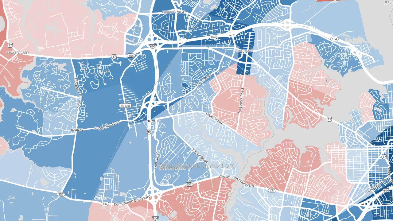 Western Branch North, Chesapeake, VA block-group political-lean map
