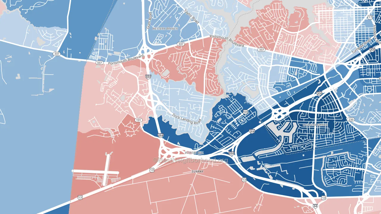 Western Branch South, Chesapeake, VA block-group political-lean map
