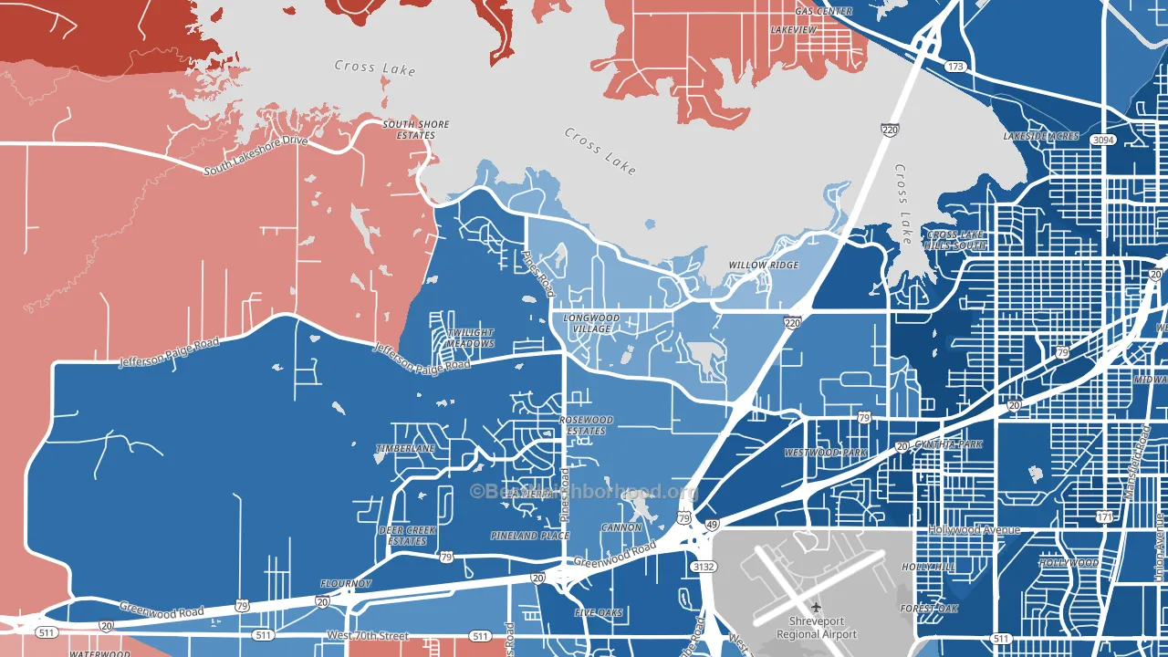 Western Hills Yarborough, Shreveport, LA block-group political-lean map