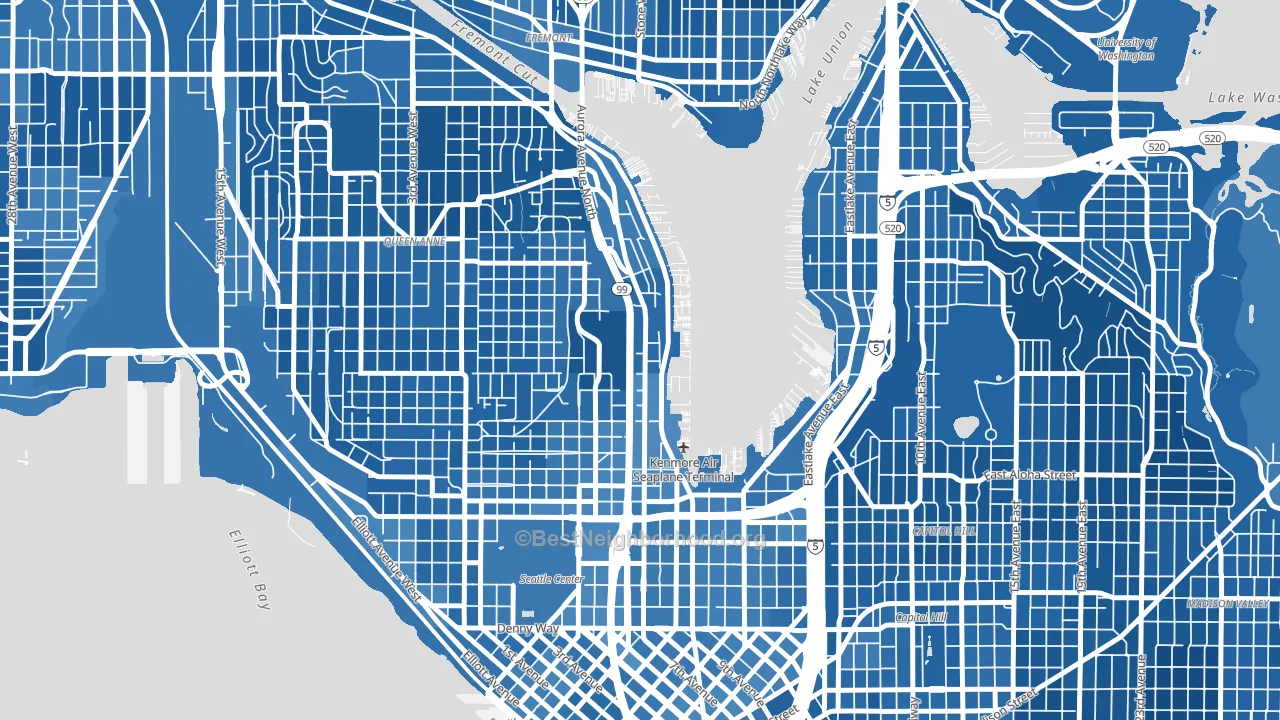 Westlake, Seattle, WA block-group political-lean map