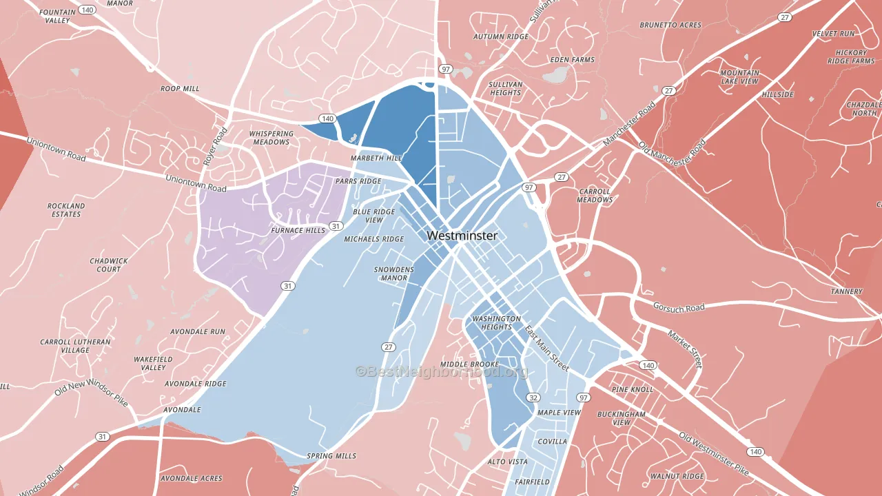 Westminster Historic District, Westminster, MD block-group political-lean map