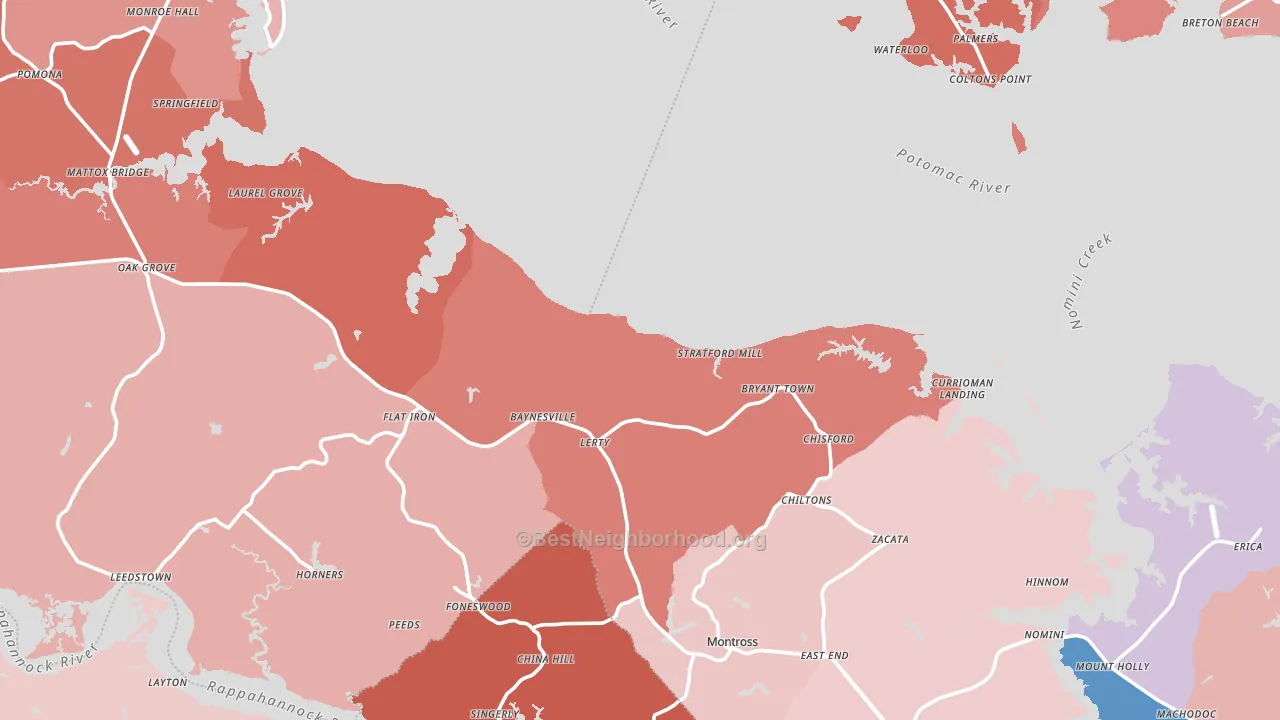 Westmoreland County, VA block-group political-lean map