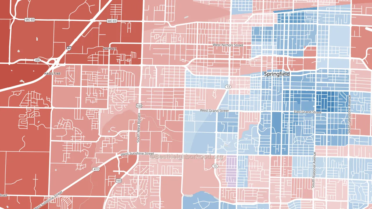 Westside Community Betterment, Springfield, MO block-group political-lean map