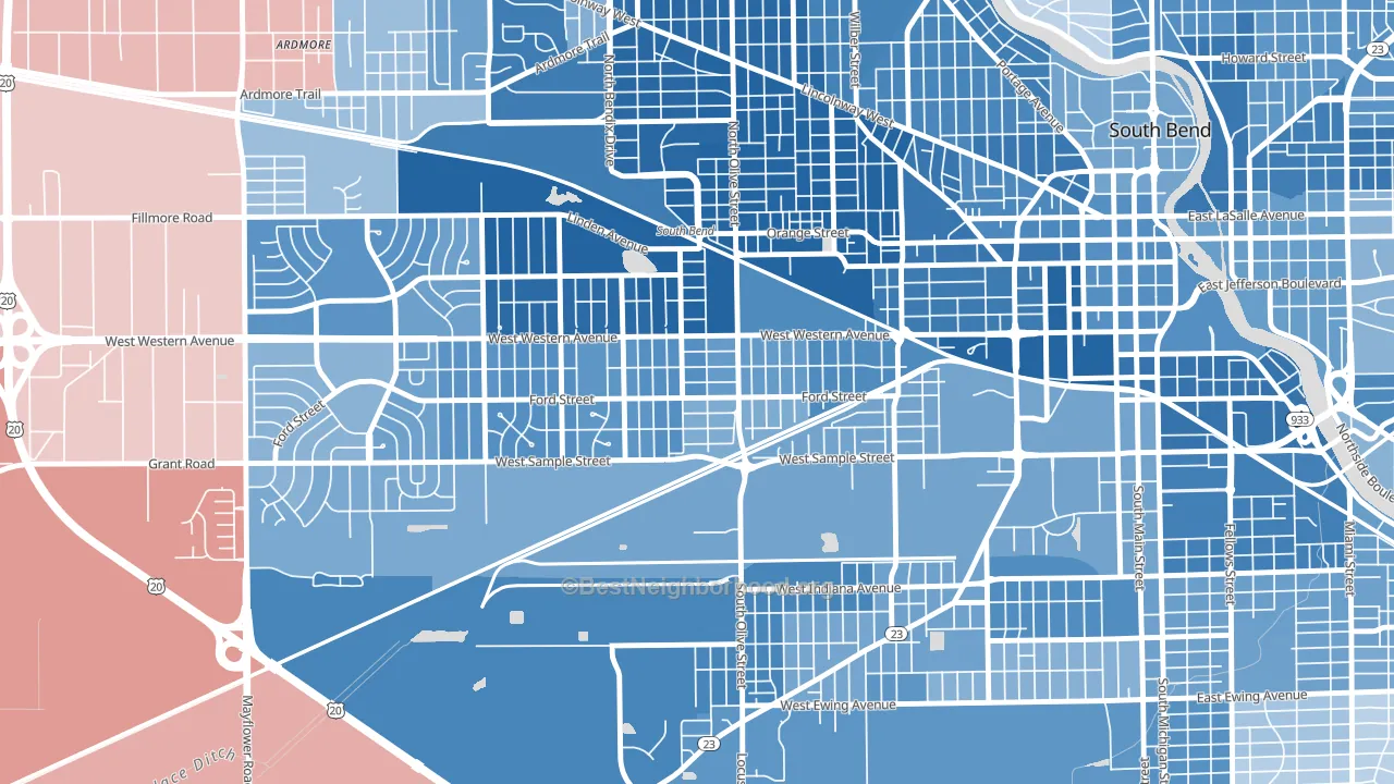 Westside, South Bend, IN block-group political-lean map