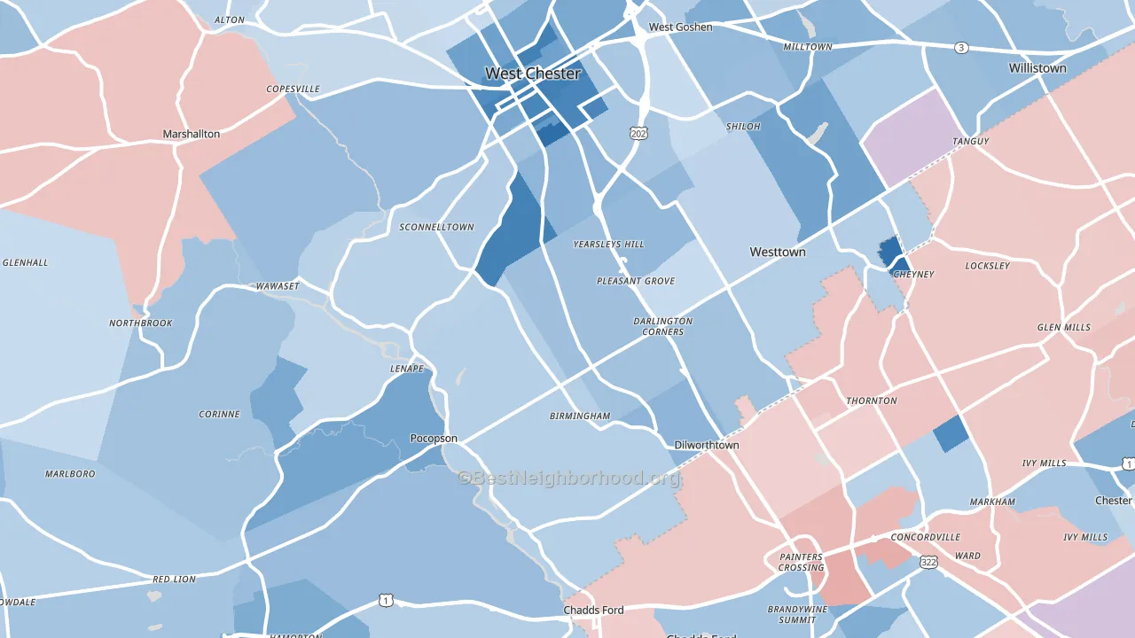 Westtown, PA block-group political-lean map