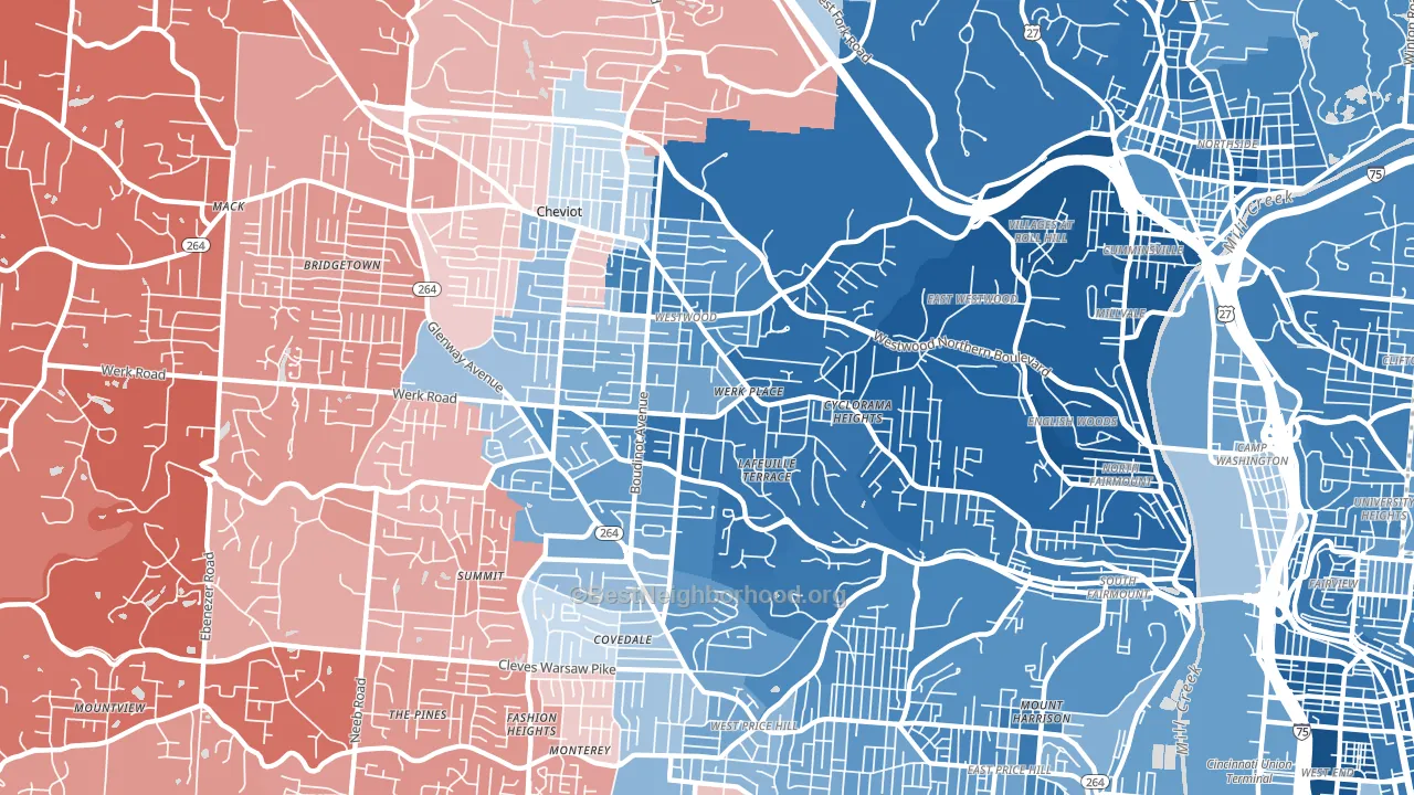 Westwood, Cincinnati, OH block-group political-lean map