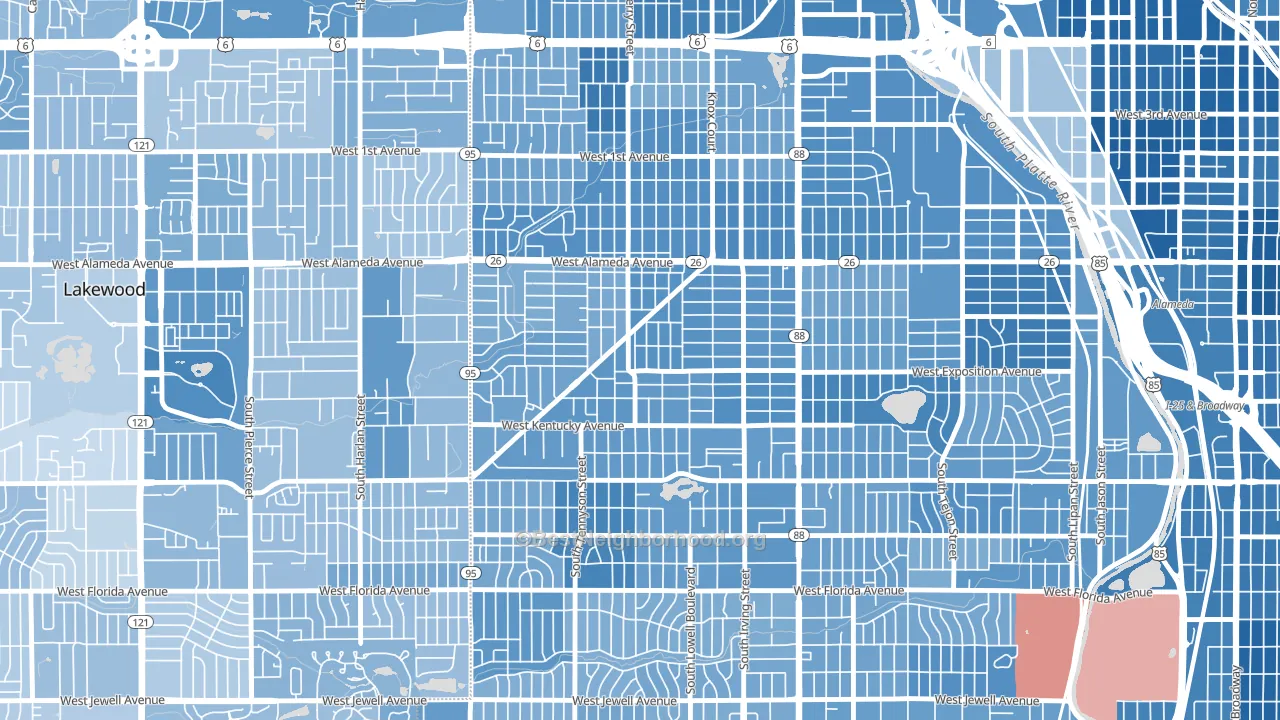 Westwood, Denver, CO block-group political-lean map