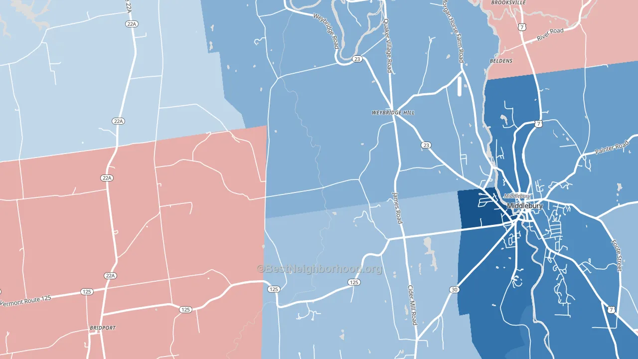 Weybridge Hill, VT block-group political-lean map