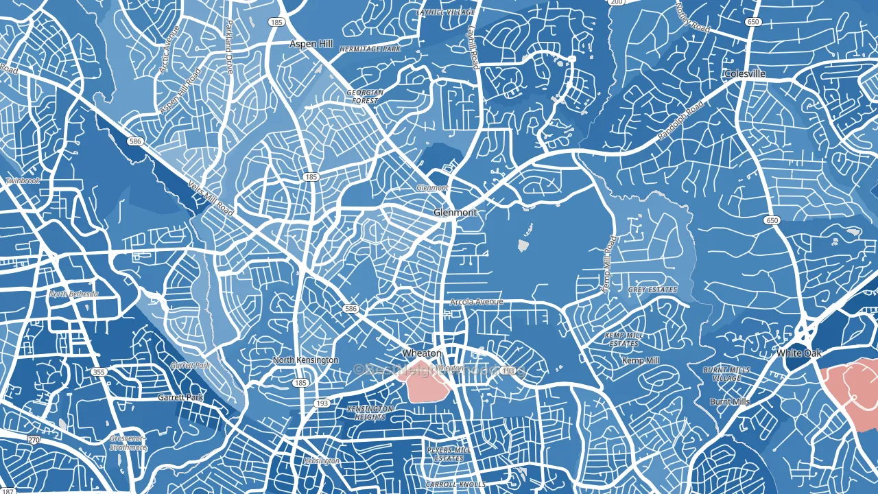 Wheaton-Glenmont, Wheaton, MD block-group political-lean map