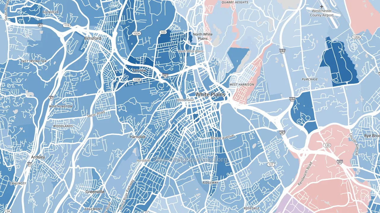 White Plains, NY block-group political-lean map