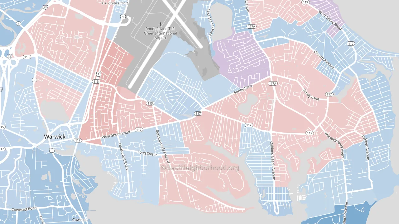 Wildes Corner, Warwick, RI block-group political-lean map