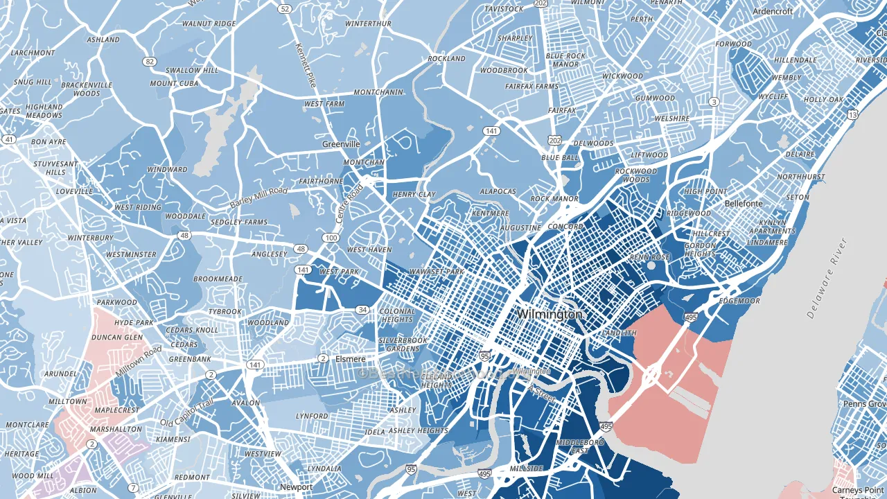 Wilmington, DE block-group political-lean map