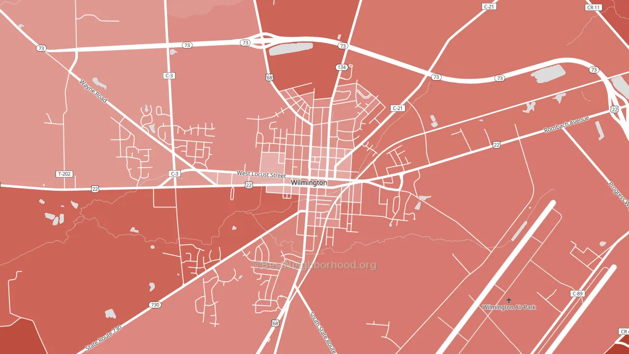 Wilmington Historic District, Wilmington, OH block-group political-lean map