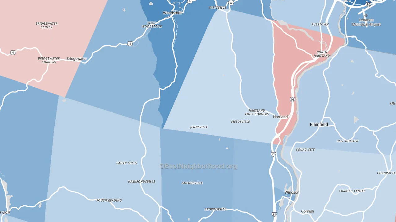 Windsor County, VT block-group political-lean map