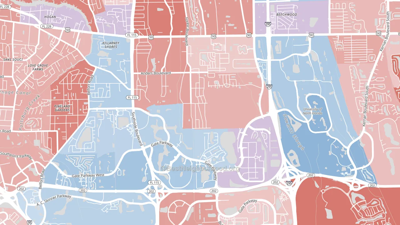 Windy Hill, Jacksonville, FL block-group political-lean map