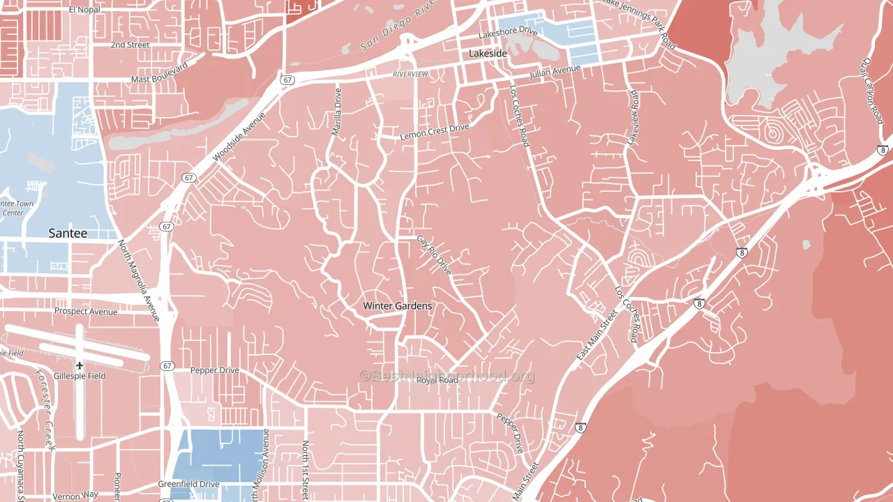 Winter Gardens, Lakeside, CA block-group political-lean map