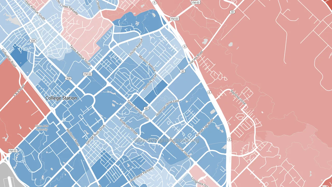 Wolf Pen Creek District, College Station, TX block-group political-lean map