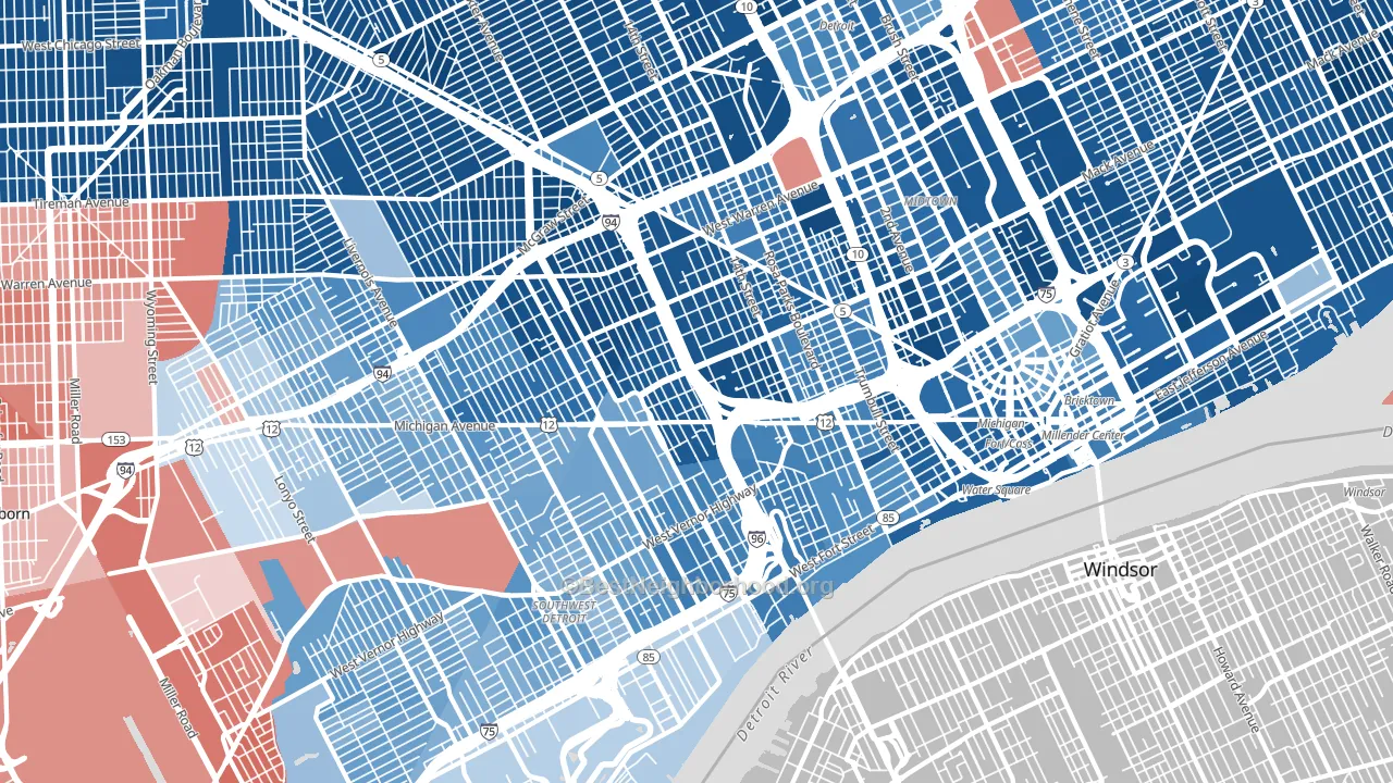 Woodbridge, Detroit, MI block-group political-lean map