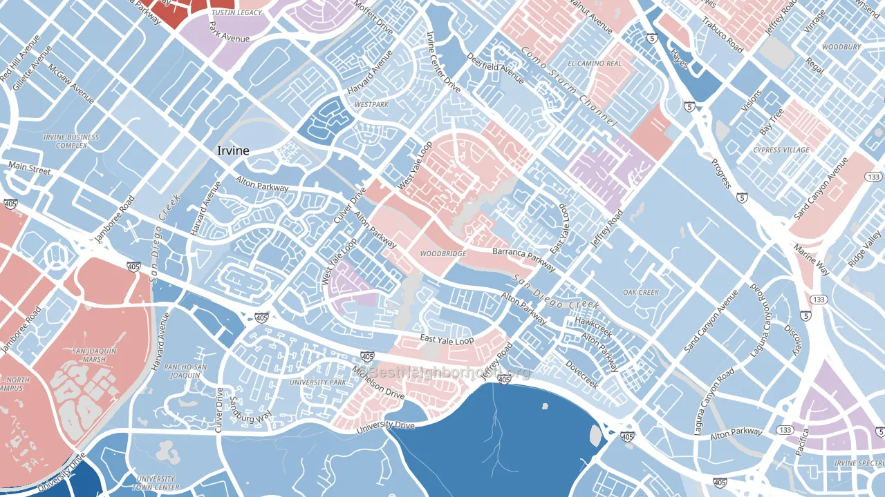 Woodbridge, Irvine, CA block-group political-lean map