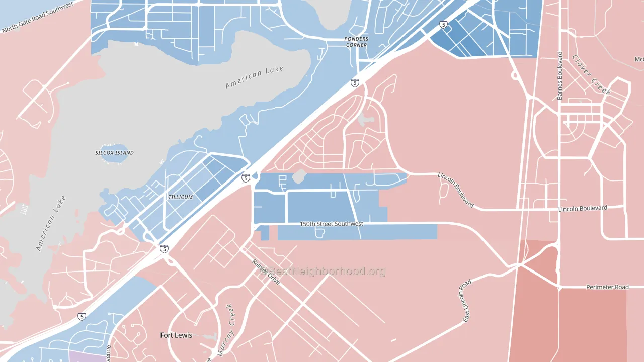 Woodbrook, Lakewood, WA block-group political-lean map