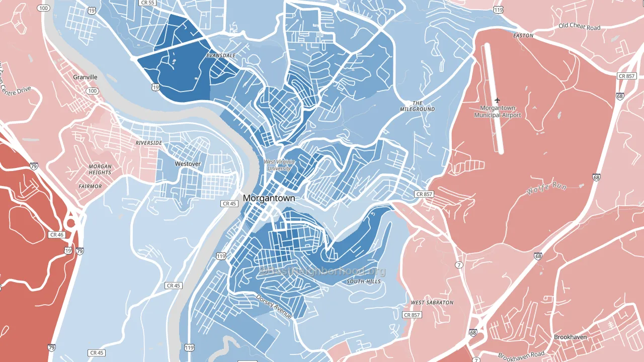 Woodburn, Morgantown, WV block-group political-lean map