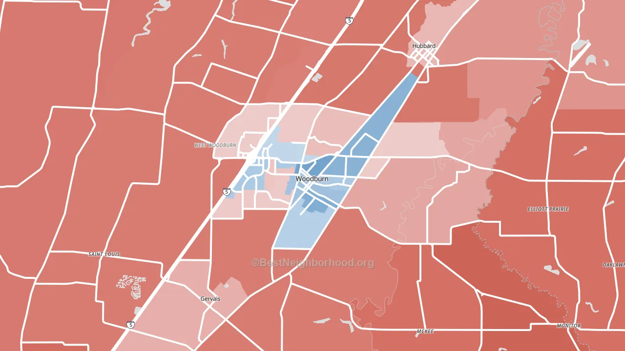 Woodburn, OR block-group political-lean map