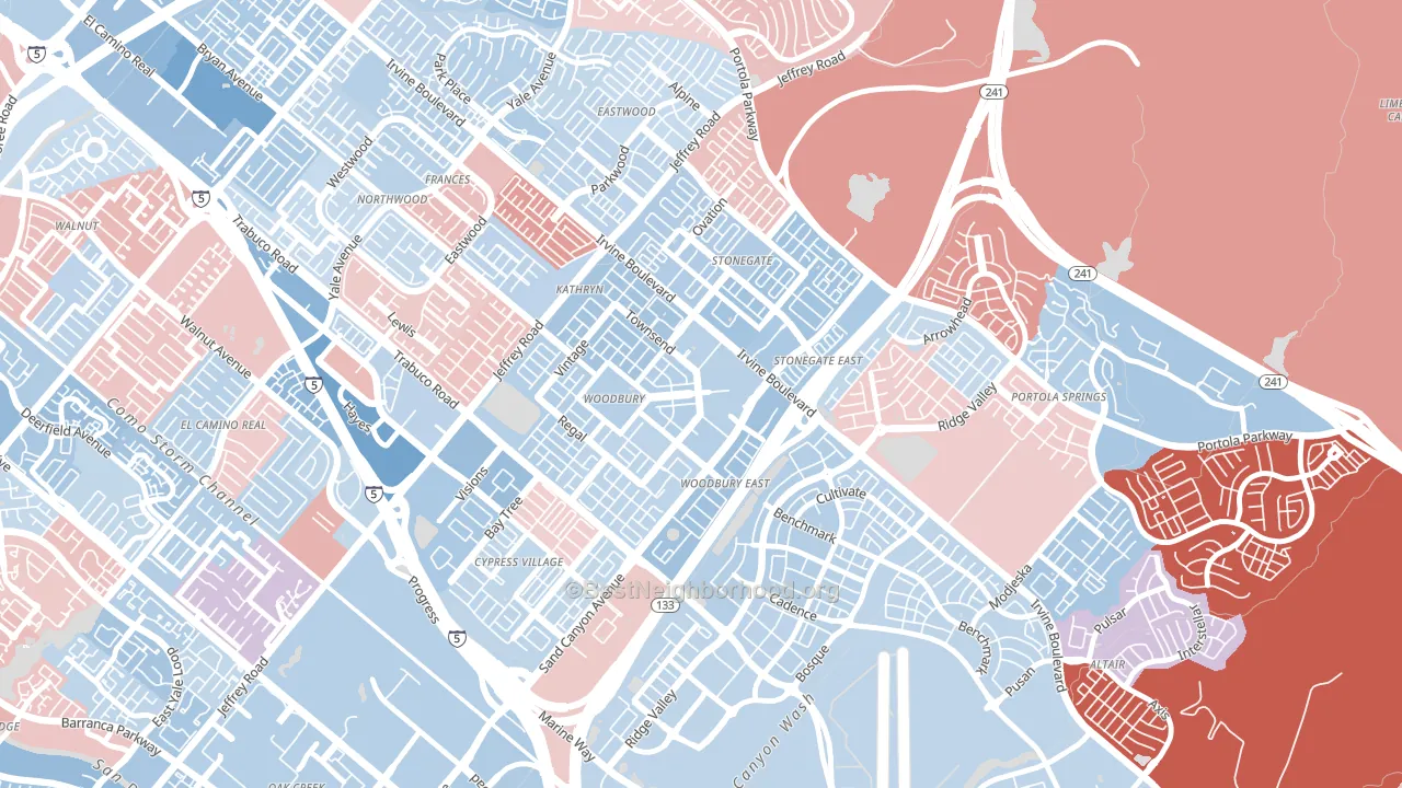 Woodbury, Irvine, CA block-group political-lean map