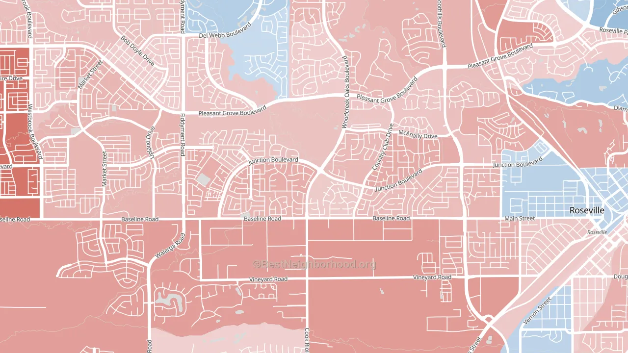 Woodcreek Oaks, Roseville, CA block-group political-lean map