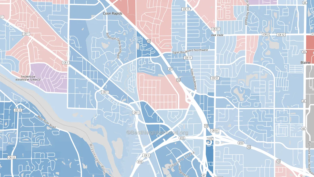 Woodcrest, Coon Rapids, MN block-group political-lean map
