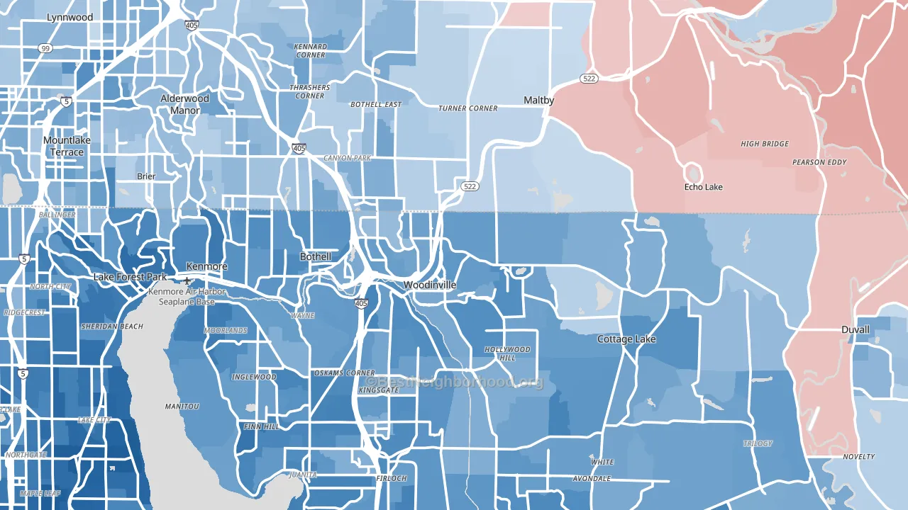 Woodinville, WA block-group political-lean map