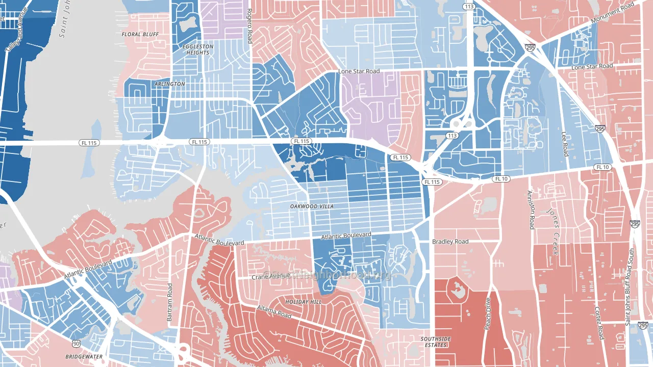 Woodland Acres, Jacksonville, FL block-group political-lean map