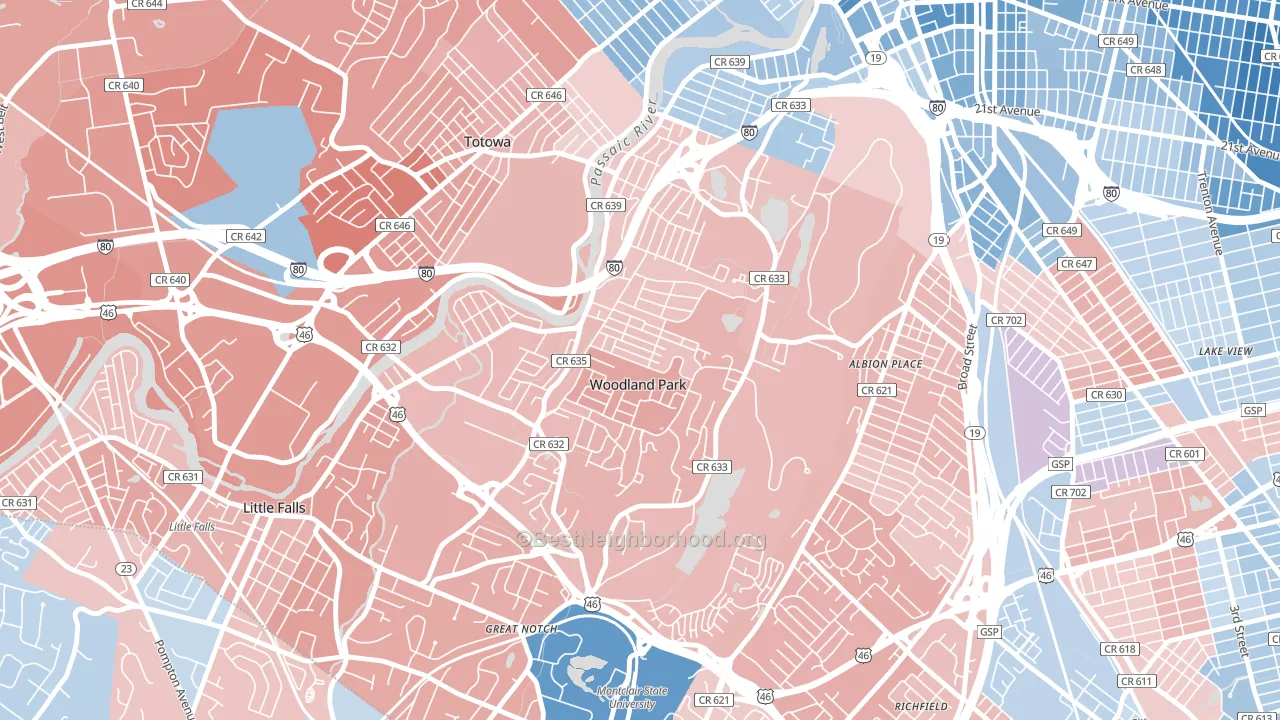 Woodland Park, NJ block-group political-lean map