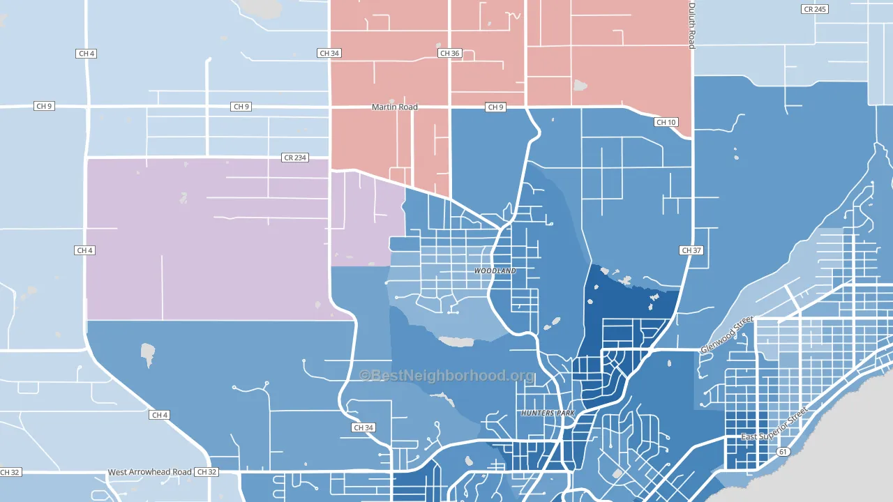 Woodlands-Pleasantview, Duluth, MN block-group political-lean map