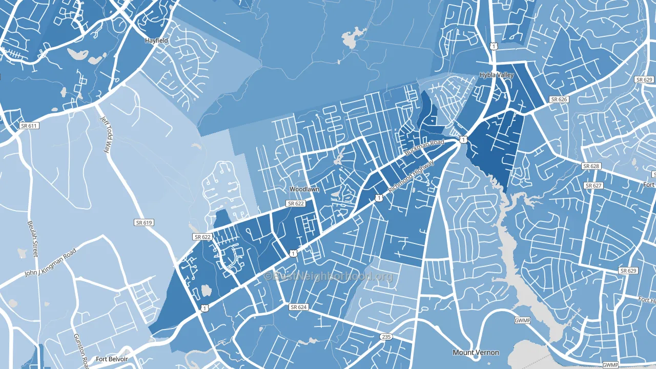 Woodlawn, Alexandria, VA block-group political-lean map