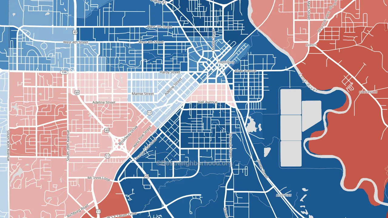 Woodlawn Court, Hattiesburg, MS block-group political-lean map