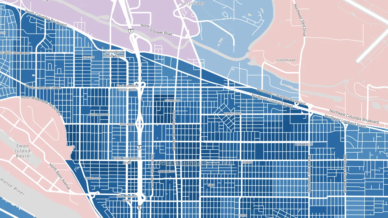 Woodlawn, Portland, OR block-group political-lean map